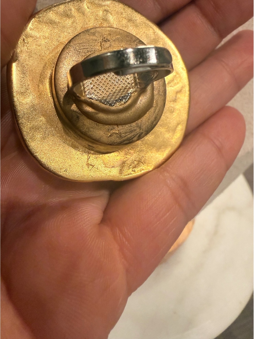 Artisan Gold Tone Statement Ring w/ Blue Cabochon Stones and Vintage Components - Picture 5 of 5